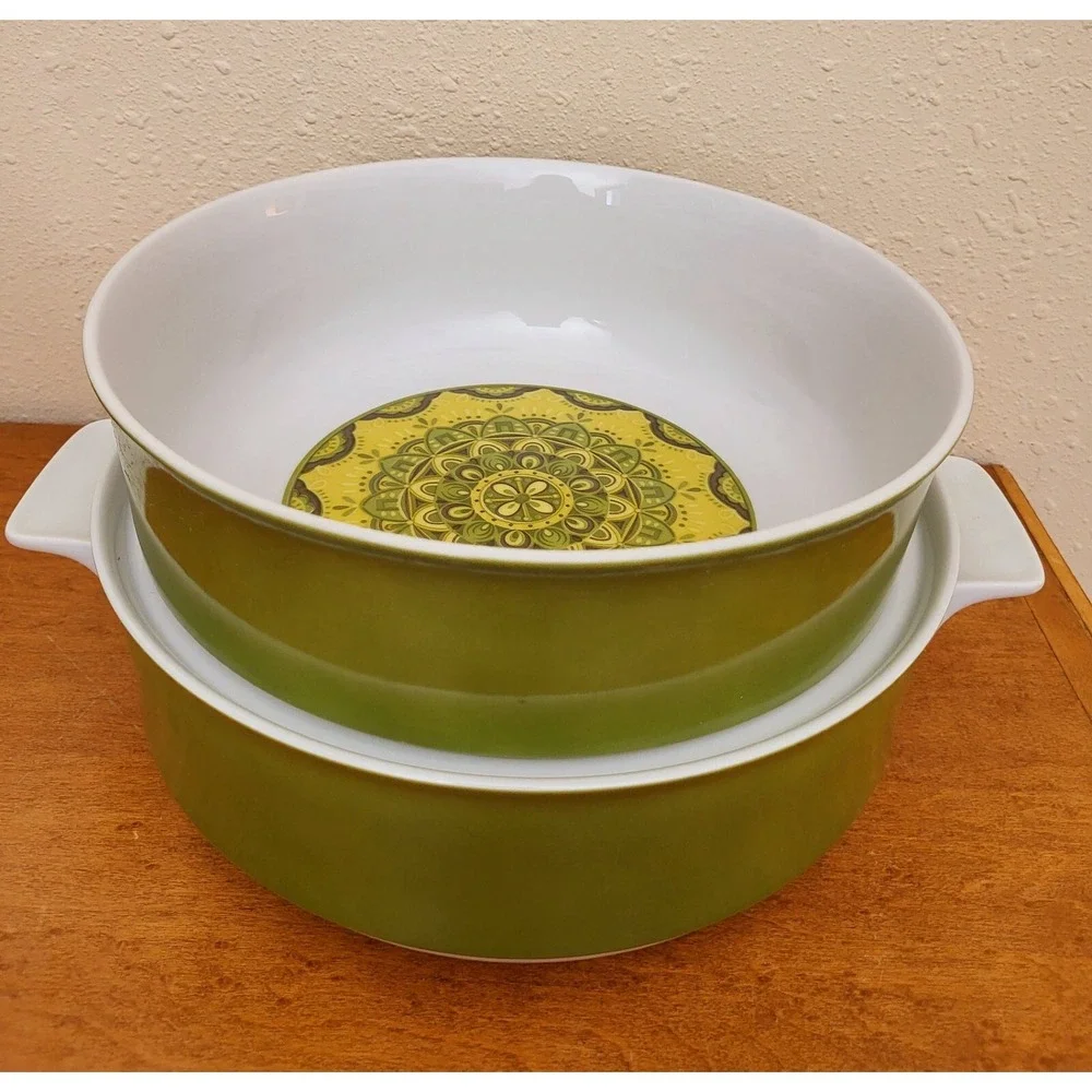 2 Dead Stock Avocado Green Royal Prestige Mandala Serving  Lid Bowls MCM Granada